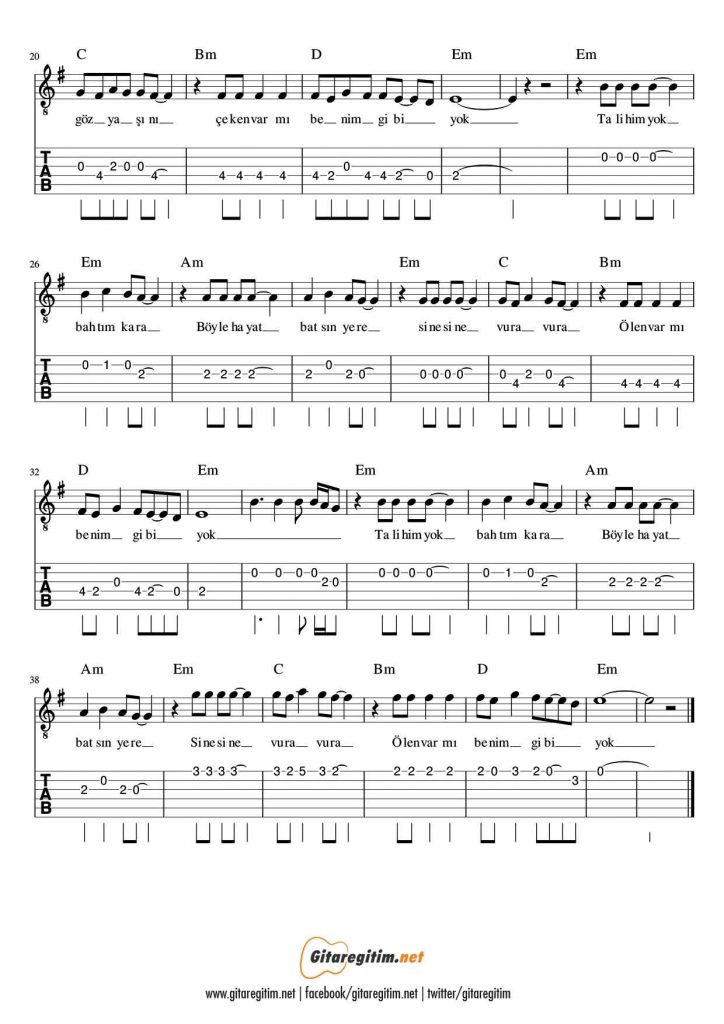 Talihim Yok Bahtım Kara Nota Tab