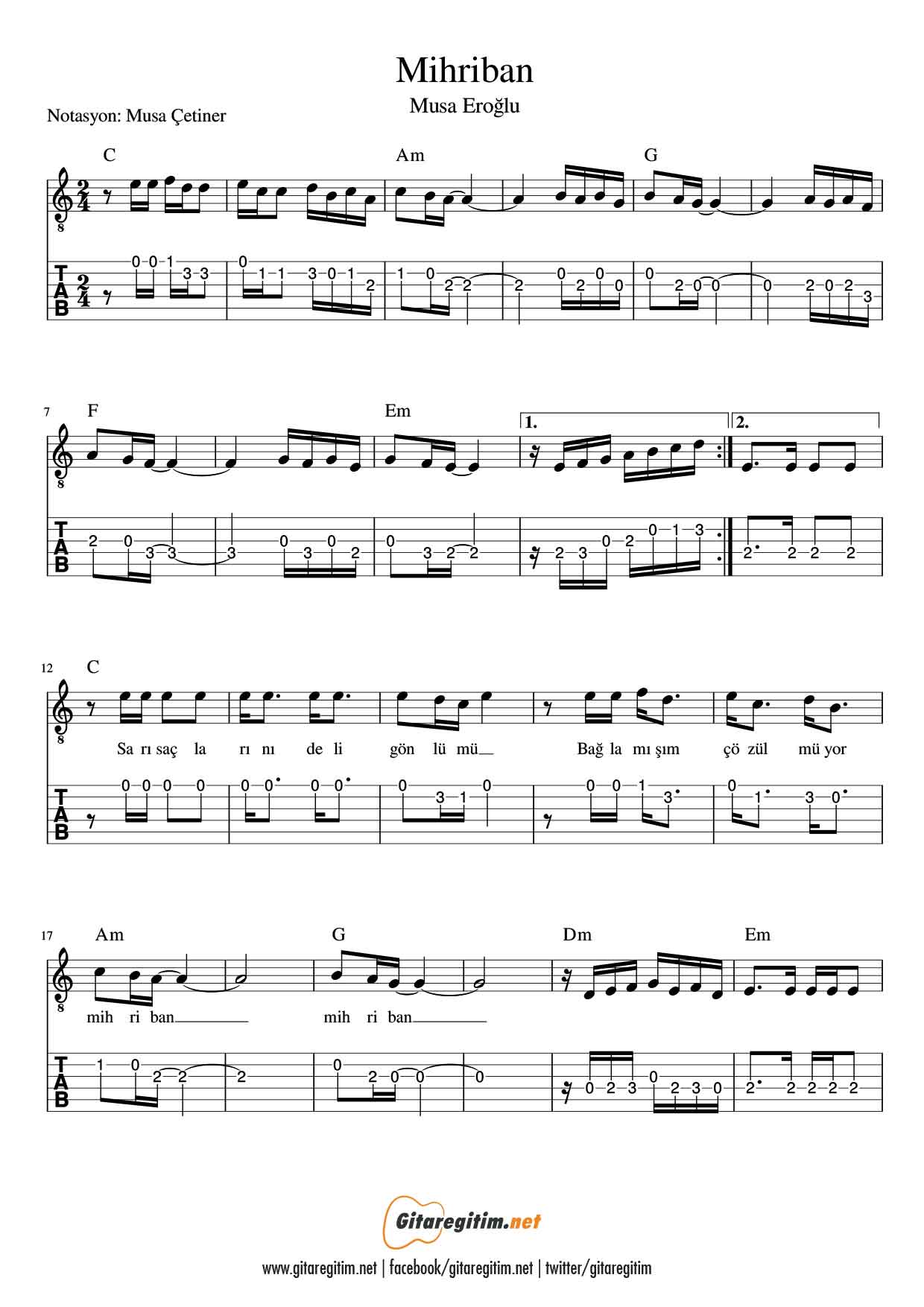 Mihriban Gitar Nota Tab
