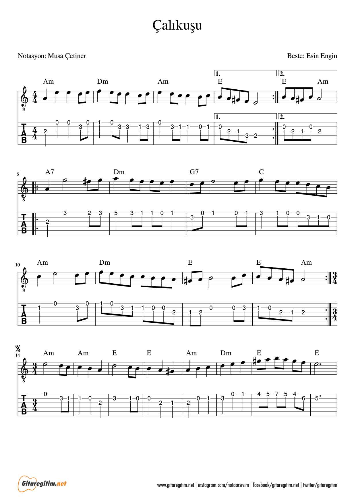 Çalıkuşu - Nota - Tab