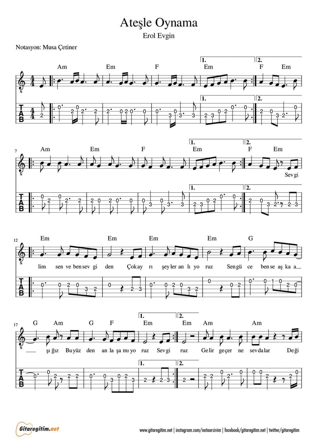 Ateşle Oynama Nota Tab