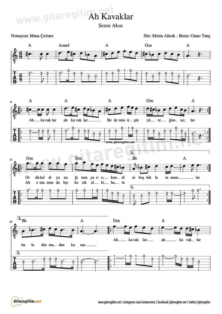 Ah Kavaklar Nota - Gitar Tab