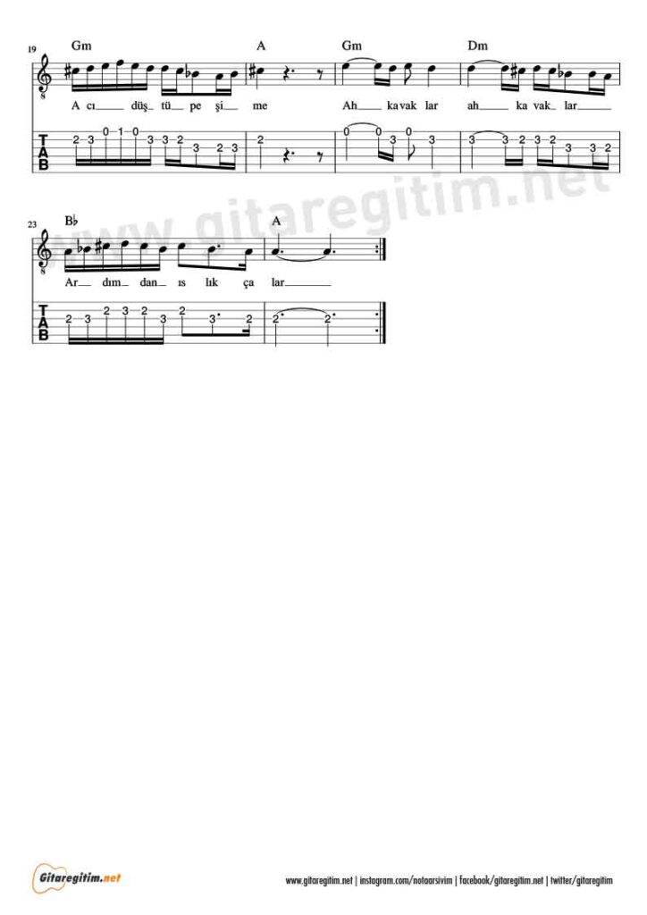 Ah Kavaklar Nota - Gitar Tab - 2