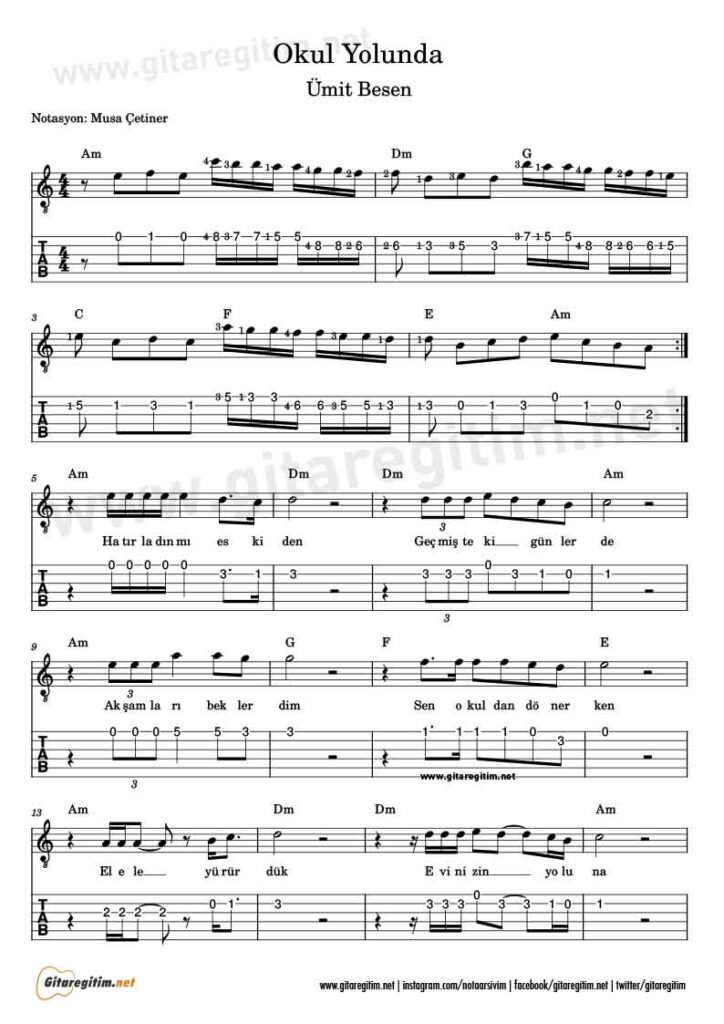 Okul Yolunda Gitar Nota Tab
