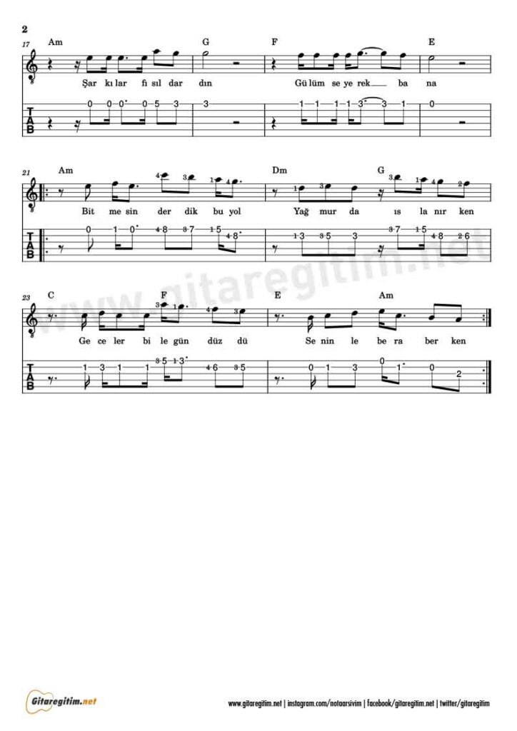 Okul Yolunda Gitar Nota Tab - 2