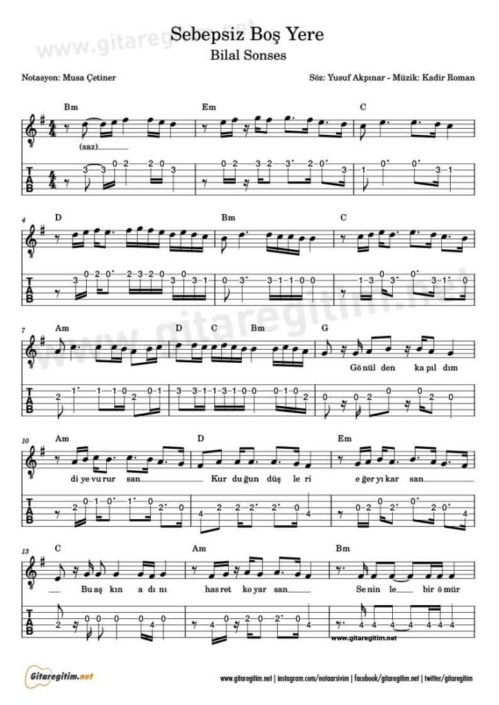 Sebepsiz Boş Yere Gitar Nota Tab