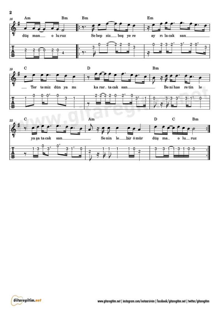 Sebepsiz Boş Yere Gitar Nota Tab - 2