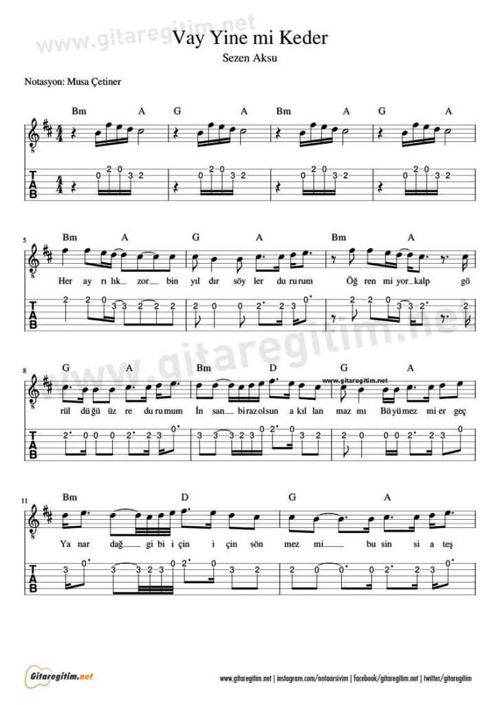 Vay Yine mi Keder Gitar Nota Tab