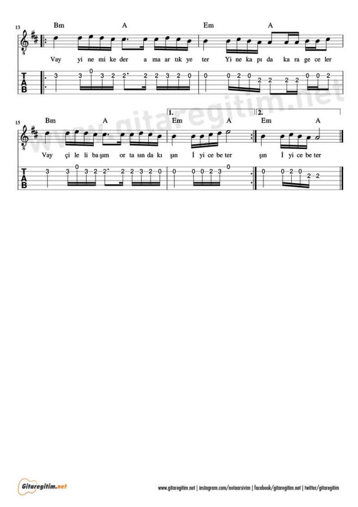 Vay Yine mi Keder Gitar Nota Tab - 2