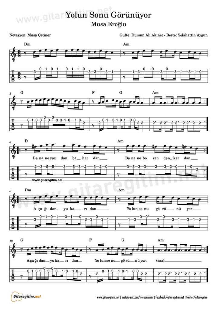 Yolun Sonu Görünüyor Gitar Nota Tab