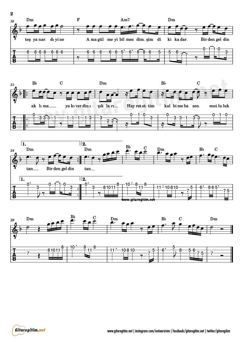 Birden Geldin Aklıma Gitar Nota Tab »