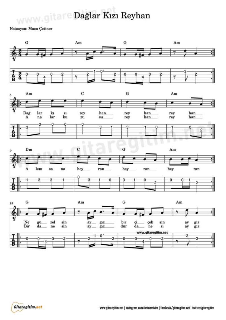 Dağlar Kızı Reyhan Gitar Nota Tab