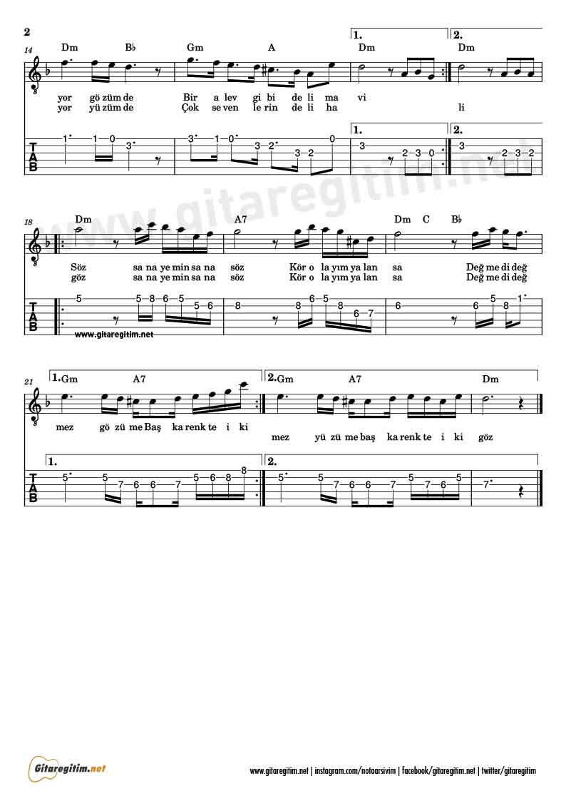 Deli Mavi Gitar Nota Tab »