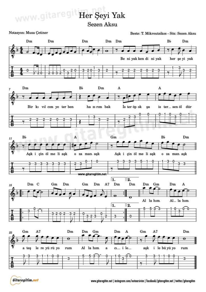 Her Şeyi Yak - Sezen Aksu Gitar Nota Tab