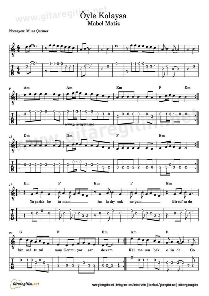 Öyle Kolaysa Gitar Nota Tab