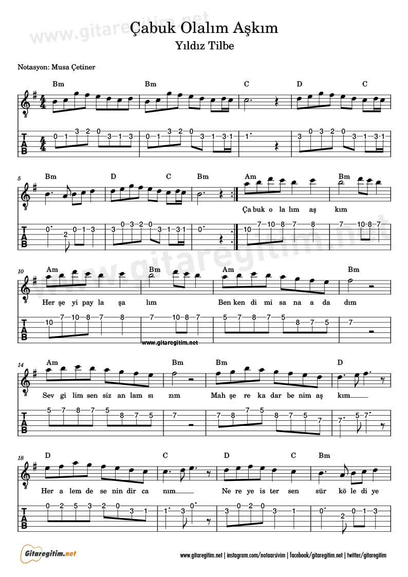 Çabuk Olalım Aşkım Gitar Nota Tab