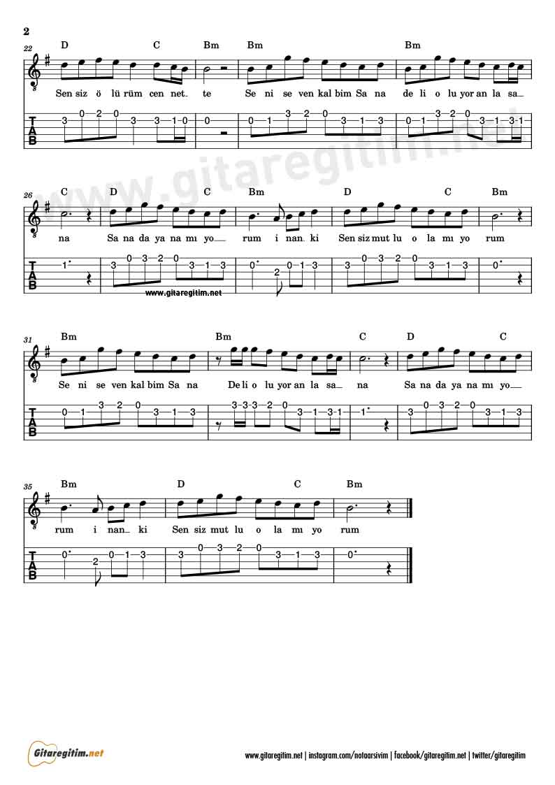 Çabuk Olalım Aşkım Gitar Nota Tab - 2