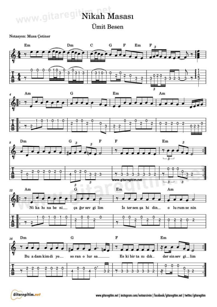 Nikah Masası Gitar Nota Tab