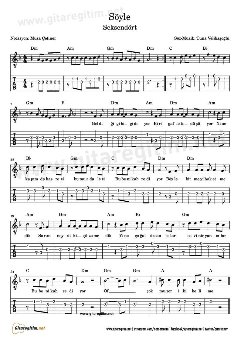 Seksendört - Söyle - Gitar Nota Tab