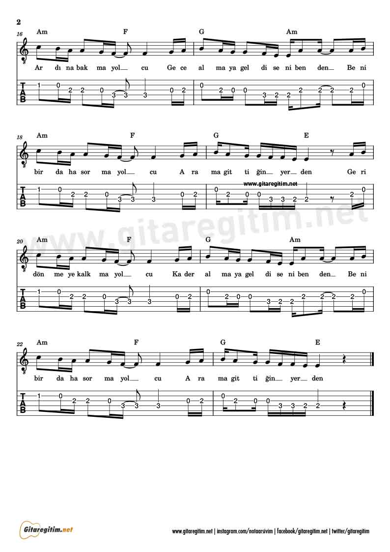 Ali Güven - Yolcu Gitar Nota Tab - 2