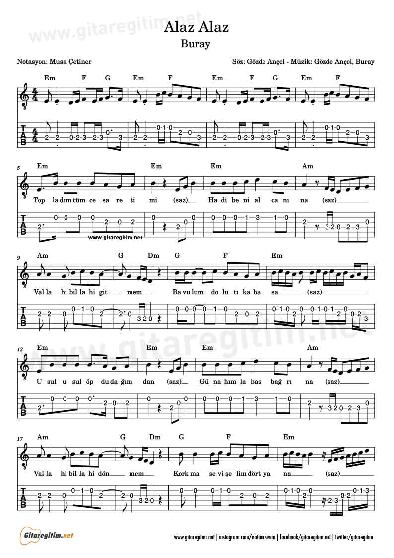 Alaz Alaz Gitar Nota - Tab