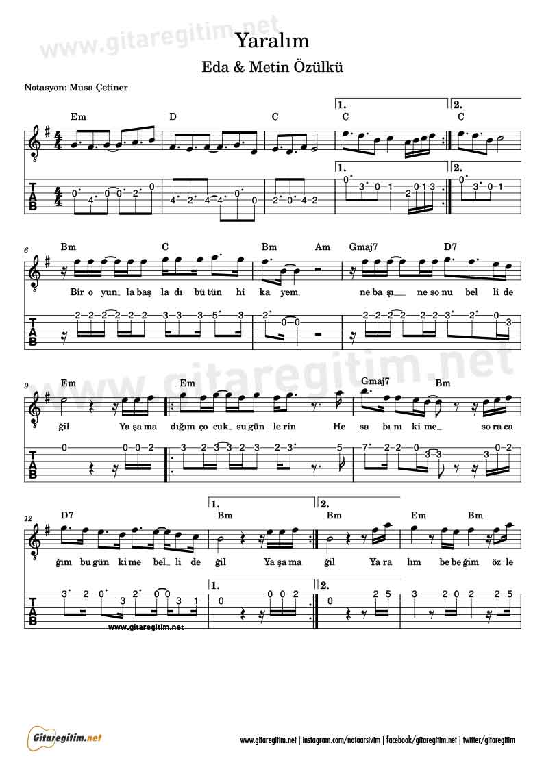 Yaralım - Gitar Nota Tab