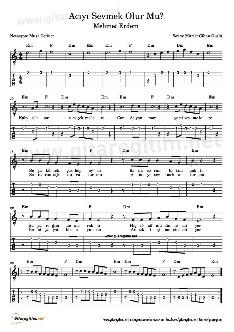 Acıyı Sevmek Olur mu? - Gitar Nota Tab