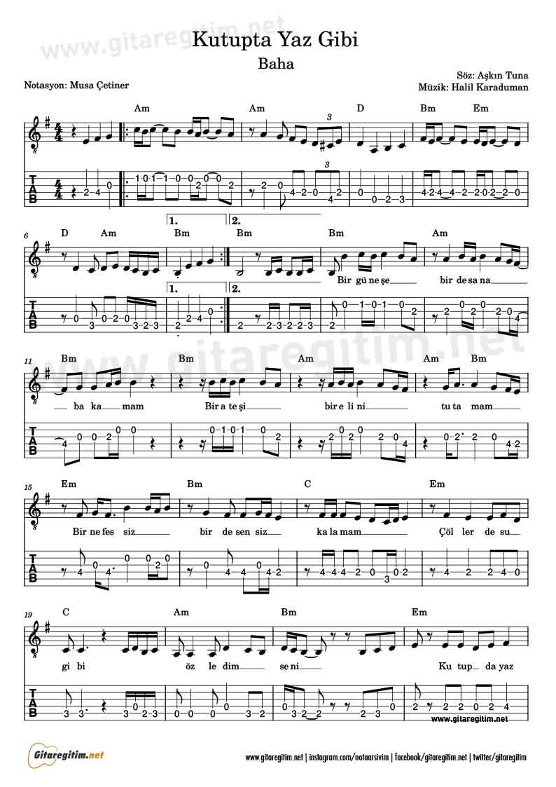 Kutupta Yaz Gibi - Gitar Nota Tab