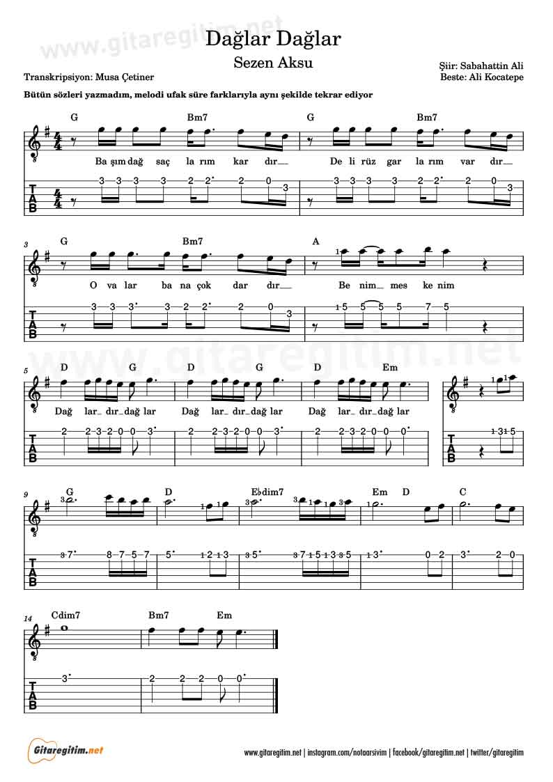 Sezen Aksu - Dağlar Dağlar - Gitar Nota ve Tab