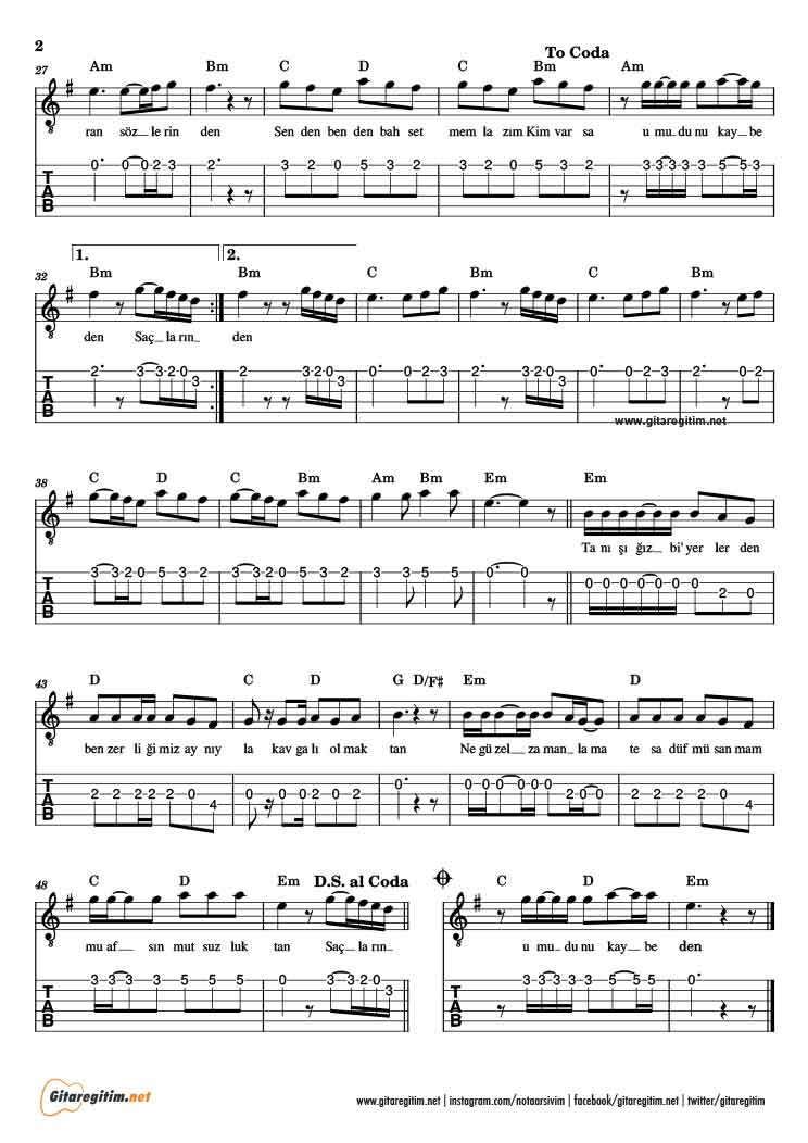 Bahsetmem Lazım - Gitar Nota ve Tab - 2