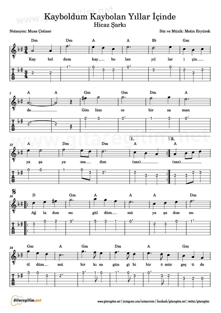 Kayboldum Kaybolan Yıllar İçinde - Gitar Tab