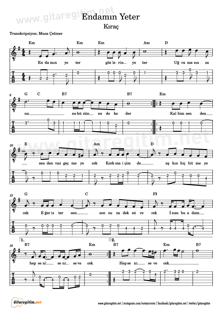 Endamın Yeter - Gitar Nota ve Tab