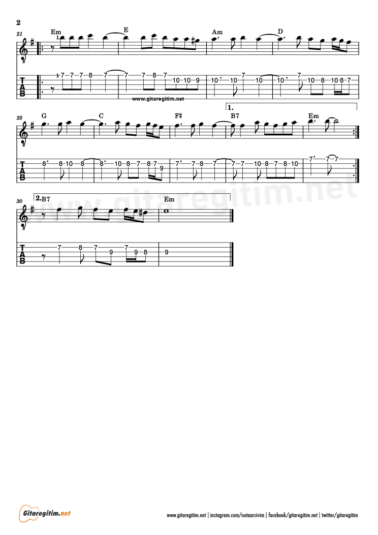 Endamın Yeter - Gitar Nota ve Tab - 2