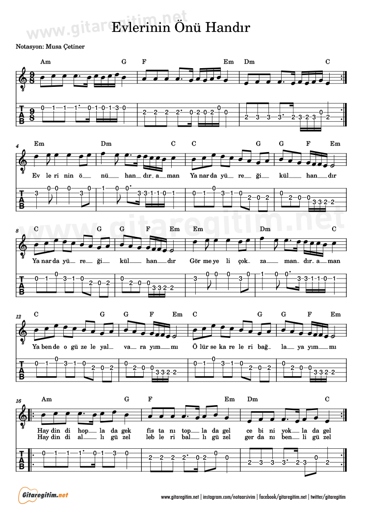 Evlerinin Önü Handır - Gitar Nota ve Tab