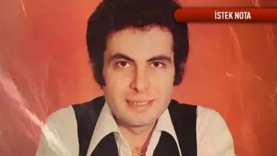 Portrait of a man with dark hair in a white shirt and black vest, posed against an orange background, with a red banner in the top-right reading 'İSTEK NOTA'