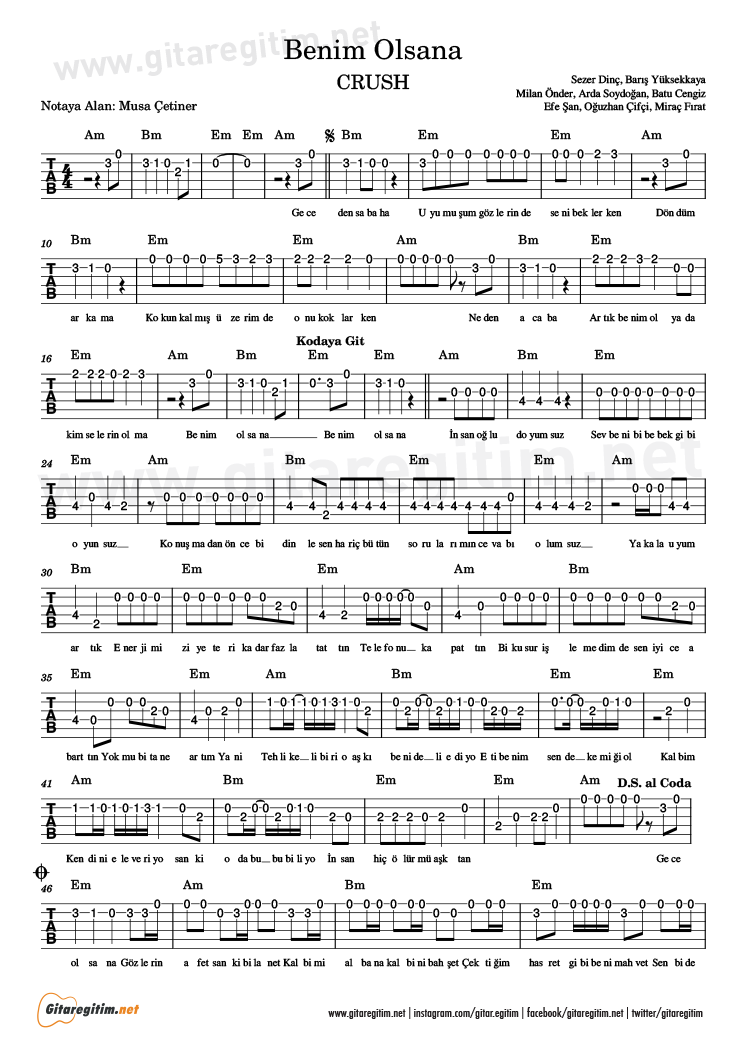 Benim Olsana şarkısının gitar tabı. 1. Sayfa