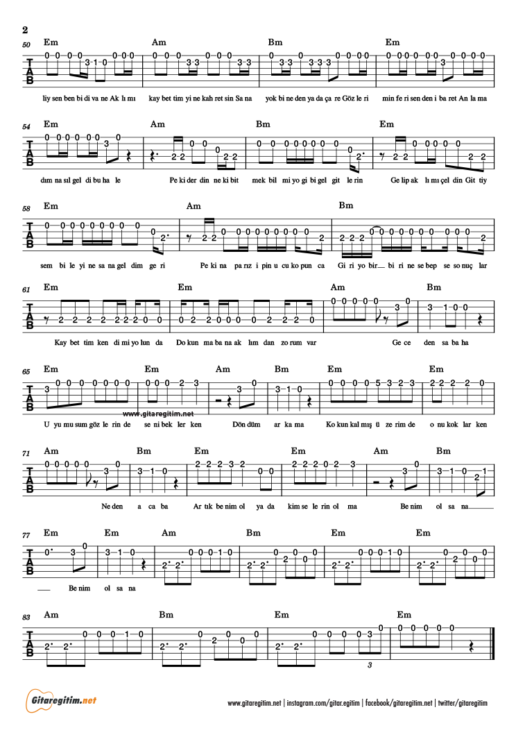 Benim Olsana şarkısının gitar tabı. 2. Sayfa