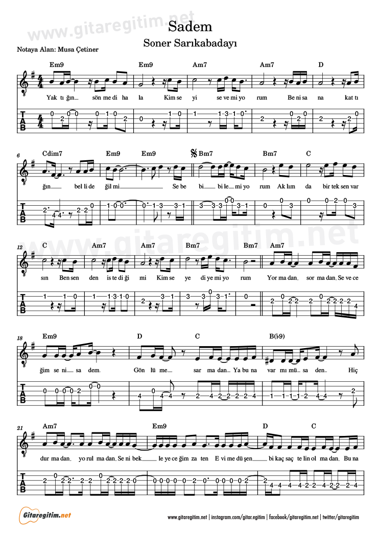 Sadem Şarkısının gitar tabı. 1. Sayfa