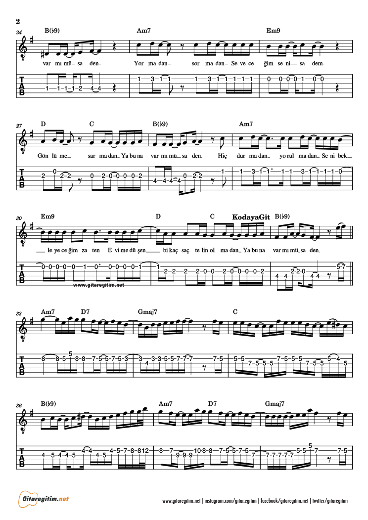 Sadem Şarkısının gitar tabı. 2. Sayfa