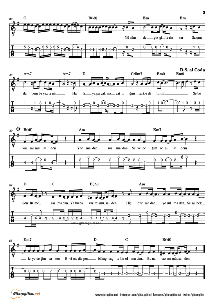Sadem Şarkısının gitar tabı. 3. Sayfa