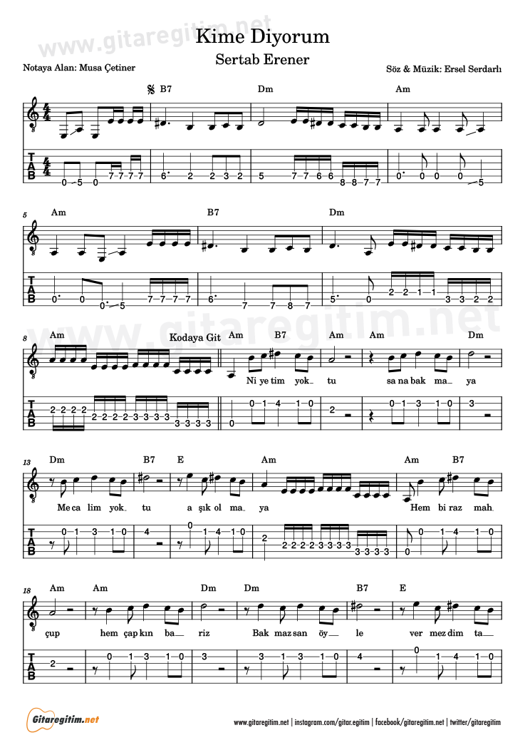 Kime Diyorum şarkısının gitar tabı. 1. Sayfa