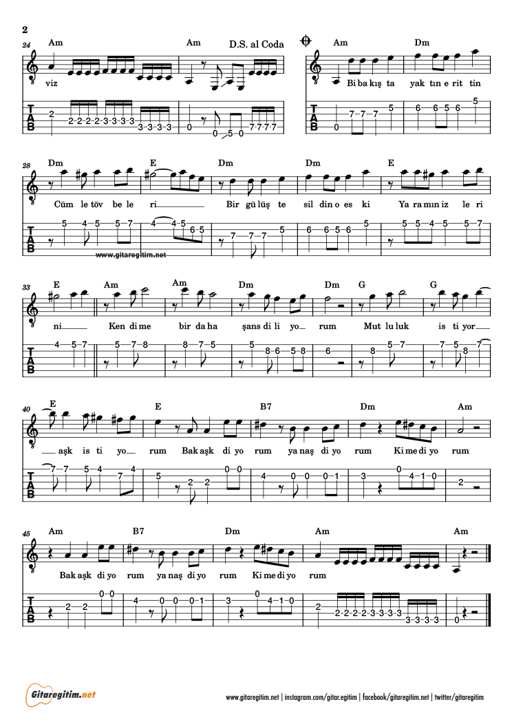 Kime Diyorum şarkısının gitar tabı. 2. Sayfa