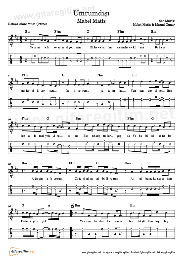 Umrumdışı şarkısının gitar tabı. 1. Sayfa