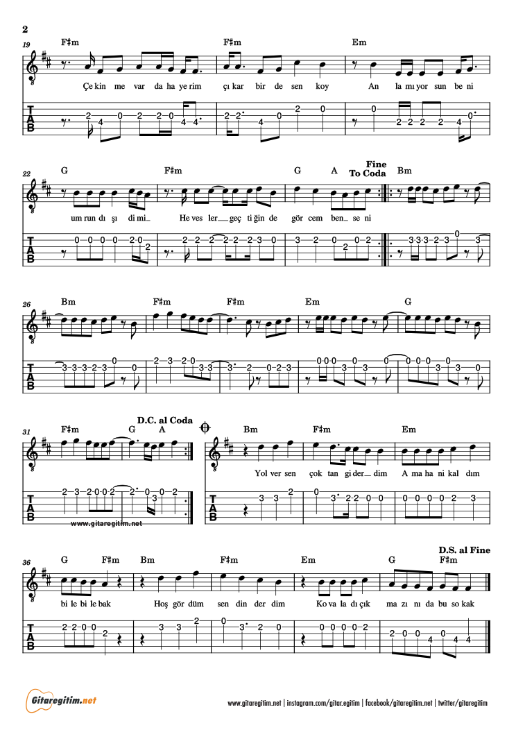 Umrumdışı şarkısının gitar tabı. 2. Sayfa